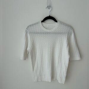 Minimalist white cable knit short sleeve sweater